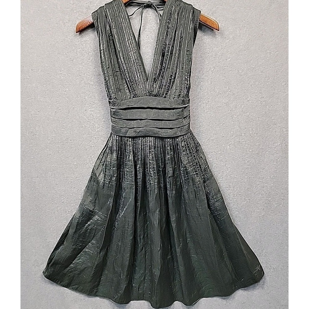 ADRIANNA PAPELL Womens Sz 4 Gray Metallic Pleated Bow‎ Waist A Line Formal Party